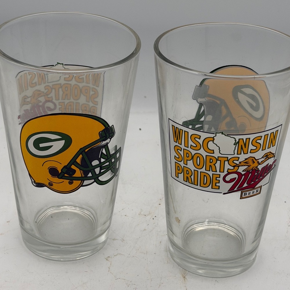 Green Bay Packers Wisconsin Sports Pride Miller Beer Pint Glasses Set of 2